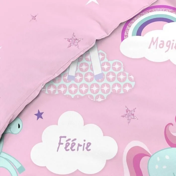 Parure de couette LICORNE - 2 pièces - 140 x 200 cm - 100% coton 42 fils - Rose, blanc, bleu et violet-2