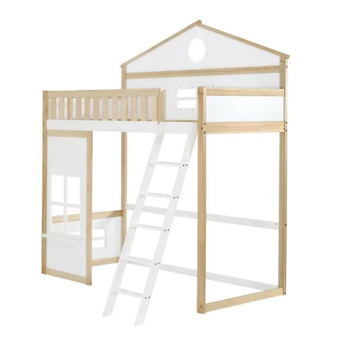 Lit mezzanine - Enfant - 90x200cm - Blanc + Naturel - Toit et fenêtres - Sécurisé avec balustrades-2
