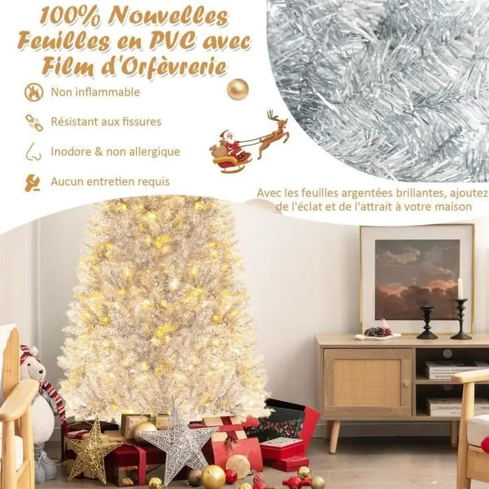 COSTWAY Sapin de Noël Artificiel 180 cm 790 Pointes de Branches PVC avec Film Argentées Brillantes 300 Lumières LED Blanc Chaud-1