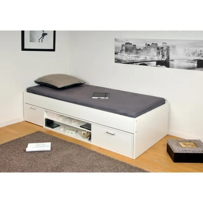 Lit enfant TESS contemporain mélaminé blanc - l 90 x 190 cm - Chevet et rangement intégrés-0