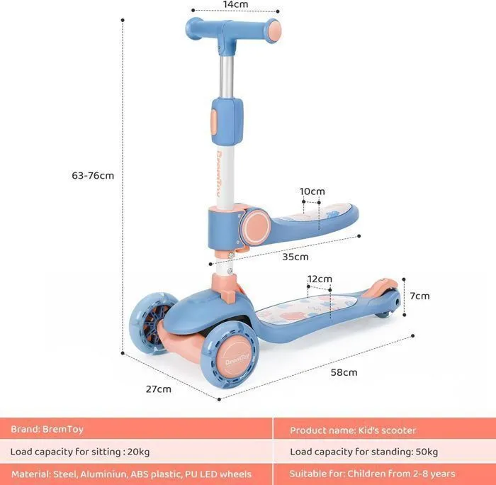 BremToy Trottinette Enfants avec Siège Pivotant à 360°, avec Roues LED, Guidon Réglable en Hauteur, Pliable pour Enfants, Rose-5