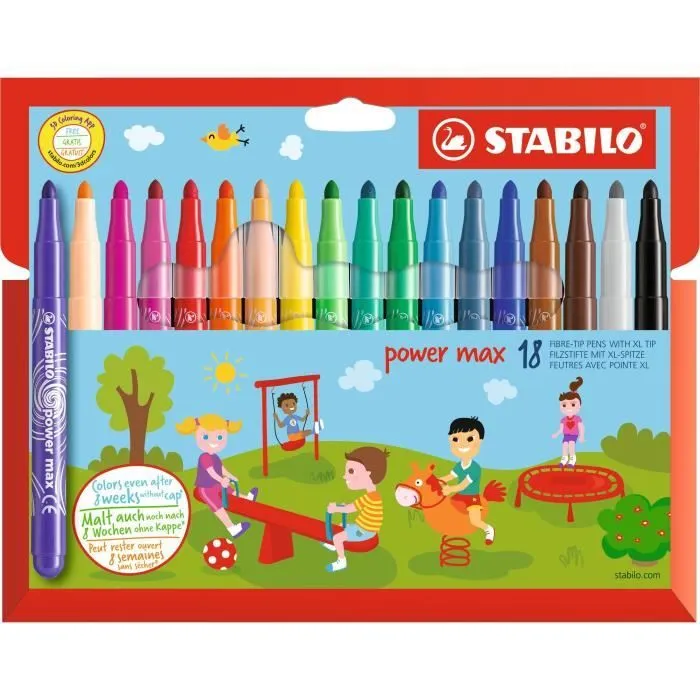 Feutres de coloriage - STABILO - Power Max - 18 Assortis - Pointe moyenne - Encre lavable-0