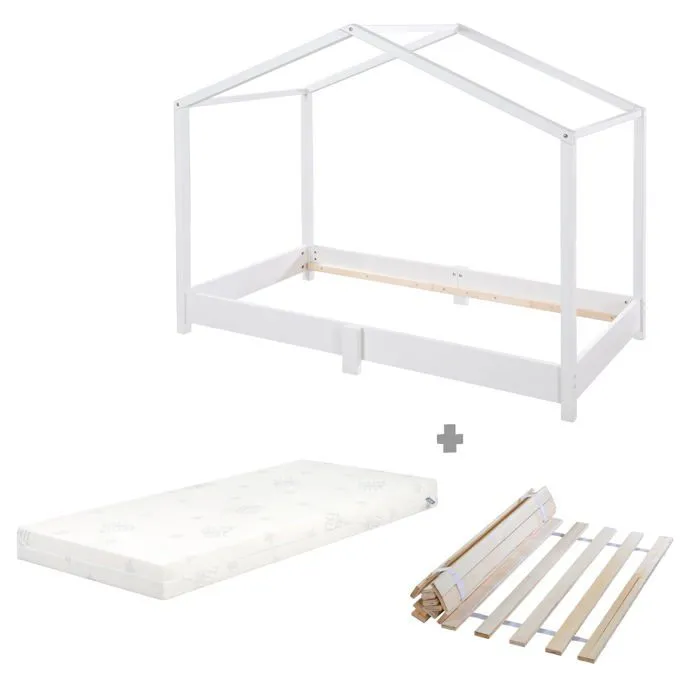 Lit Cabane au Sol 70 x 140 cm - ROBA - avec Matelas Roulé et Sommier à Lattes - Blanc-0
