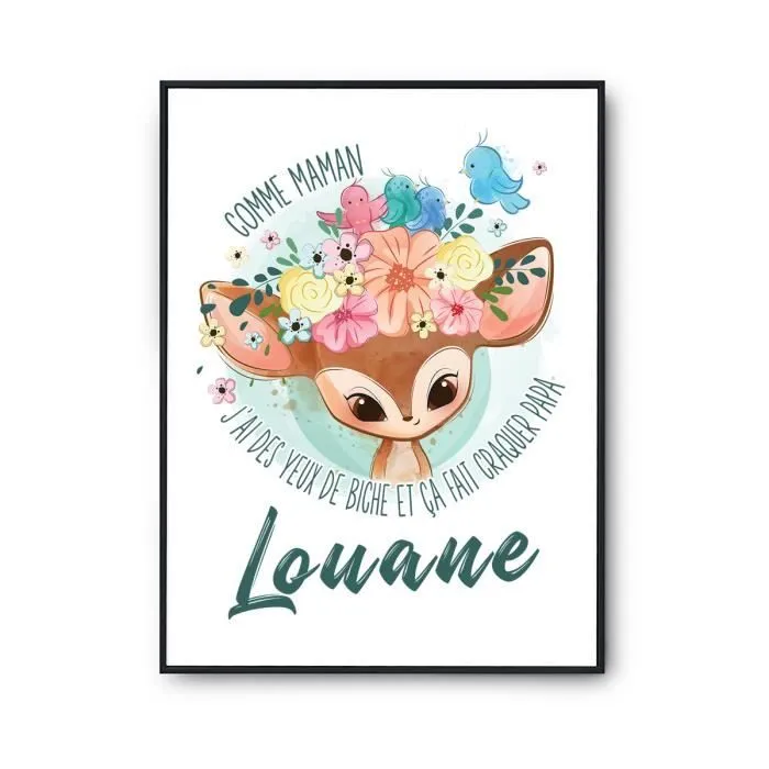 Affiche prénom - Louane - Biche - Décoration murale - Papier Premium - A2 - Noir-0