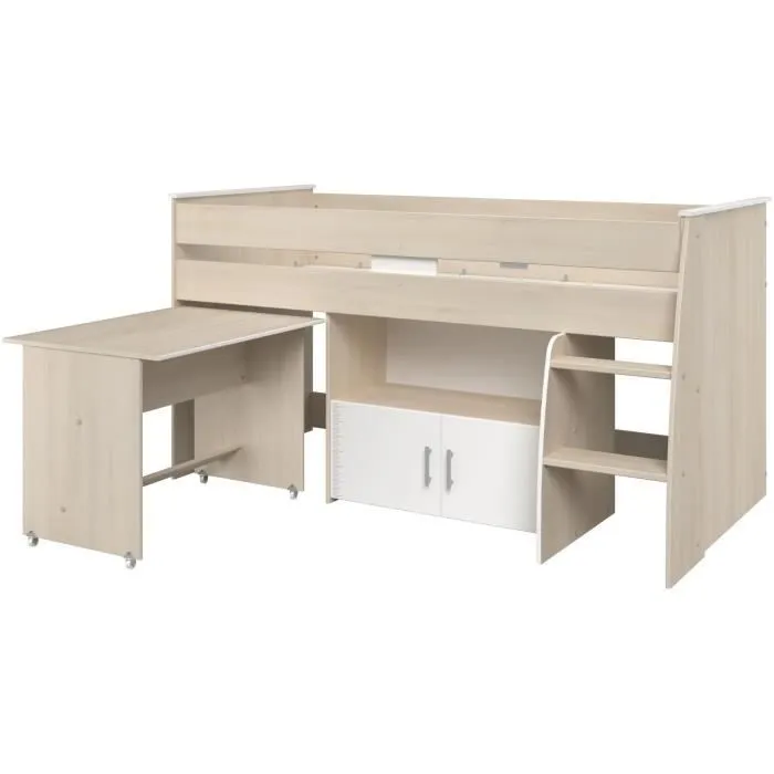 Lit combiné enfant Parisot ZOLA 90x200 cm - 2 portes - Avec bureau - Décor acacia clair et blanc-7