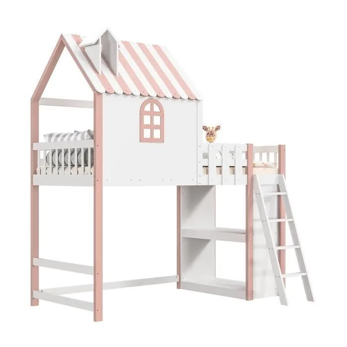 Lit mezzanine - Enfant - 90x200cm - Bois massif - Rose - Échelle de sécurité-2