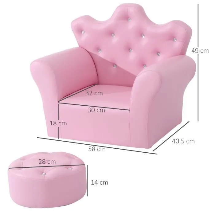 Ensemble fauteuil et pouf enfant design couronne de princesse - HOMCOM - Rose - 3 ans et plus-2