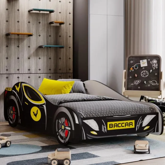 Lit enfant auto pour un garçon "Batcar"+ sommier 140x70 cm-0