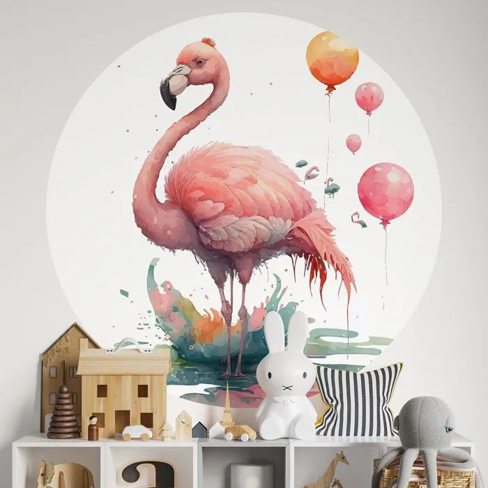 Sticker mural rond - Flamant rose - Diamètre 150 cm - Adhésif MATE - Décoration murale - Enfants-0