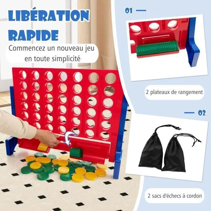 Jeu Géant 4-en-ligne XL COSTWAY-Sac de Transport-42 Anneaux-Jeu de Table ou Mural-Plastique-Jeu de Société Familles Extérieur-Rouge-3