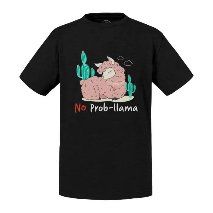 T-shirt Enfant Noir No Prob-llama Dessin Lama Illustration Cactus Chill-0