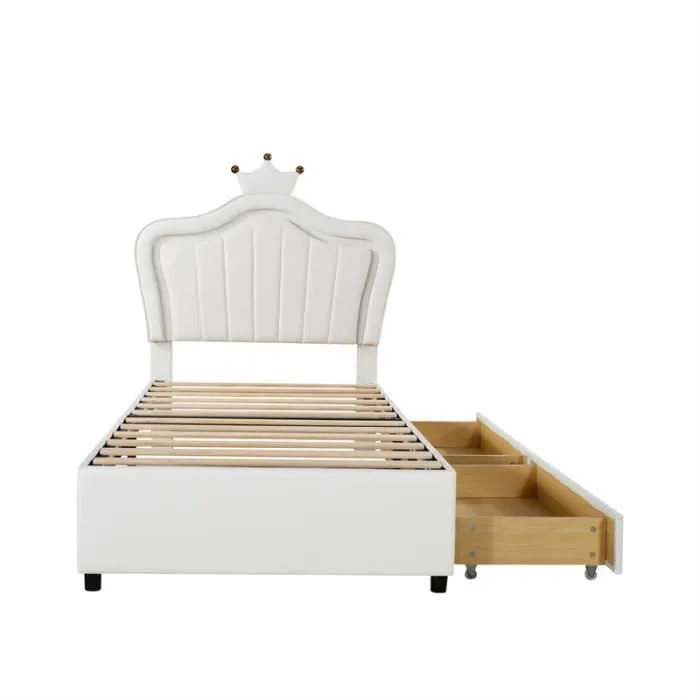 Lit enfant LED - Blanc - 90x200cm - 2 tiroirs - Tête de lit couronne - Cuir PU-2