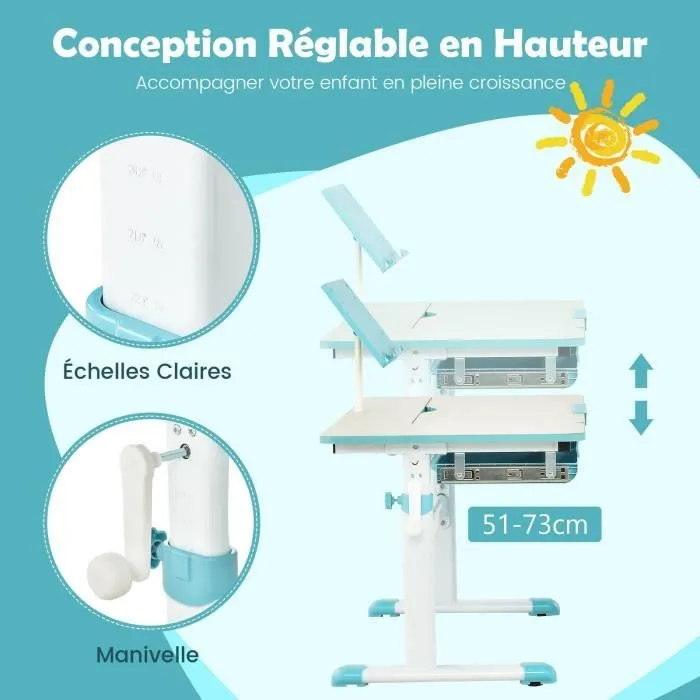 COSTWAY Bureau pour Enfant 3-12 ans - Réglable en Hauteur 51-73 cm & Plateau Inclinable 0-60°- avec Support de Livre & Tiroir, Bleu-3