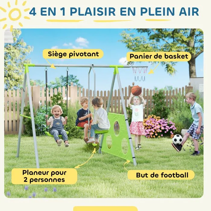Portique balancoire enfant 4 en 1 - AIYAPLAY - sièges et face à face, panier de basket-ball et but de football, charge 135 kg - vert-4