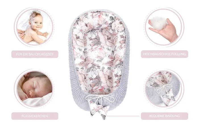 Réducteur Lit Bébé 90x50 cm - Matelas Cocoon Cale Bebe pour Lit Baby Nest Coton avec Minky Minky Gris Clair avec Motif Rose Sauvage-1