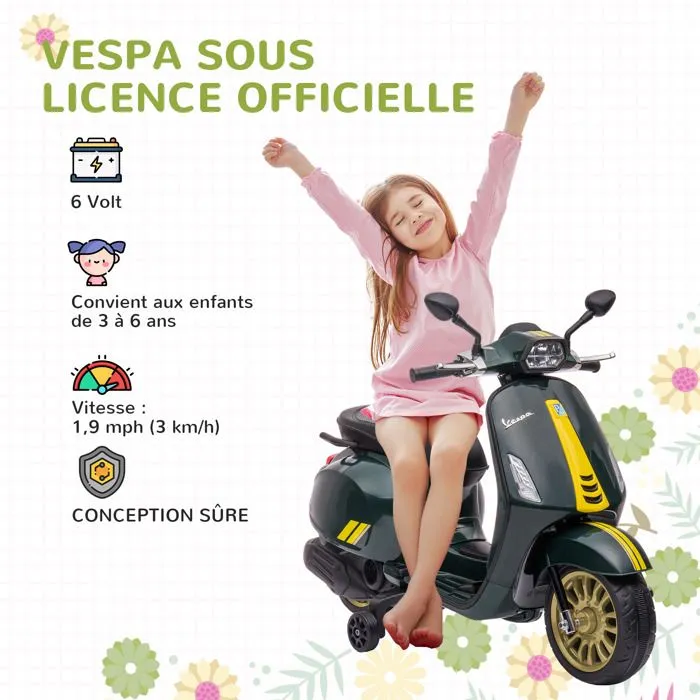 Scooter électrique enfant AIYAPLAY Vespa 6 V dim. 107L x 47l x 73H cm Musique MP3 Port USB Phare 2 roulettes, pour 3-6 ans, Vert-4