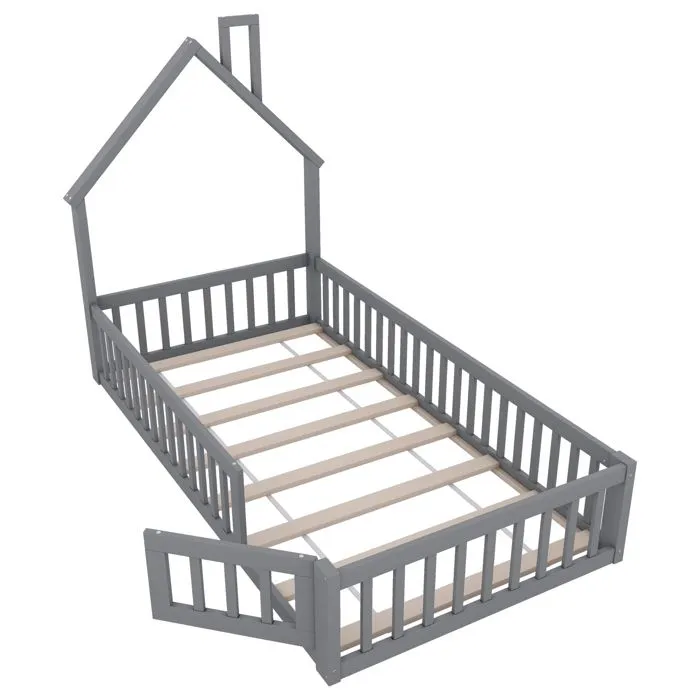 Lit enfant - Lit cabane - 90x200cm - Bois massif - Gris - Avec sommier à lattes-3