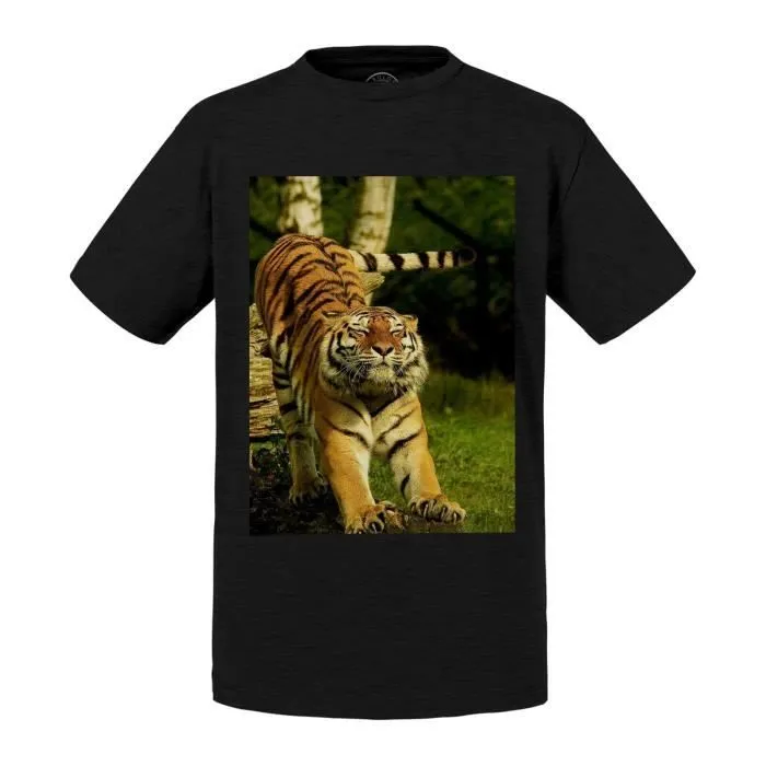 T-shirt Enfant Noir Photo Tigre s'Étire Fauve Relax-0