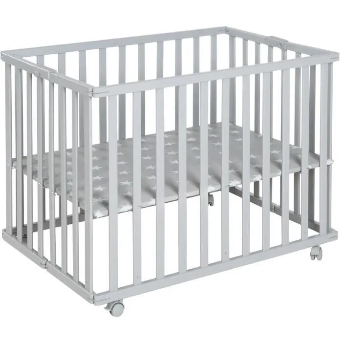 Parc bébé pliable - ROBA - LITTLE STARS - 75 x 100 cm - Hauteur réglable - 4 Roues freinées - Bois Laqué Gris Taupe - Motif Étoile-1