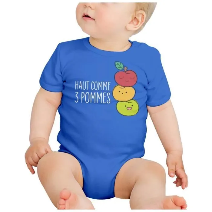 Body Bébé Manche Courte Bleu Haut comme 3 Pommes Expression Fruits Enfant-1