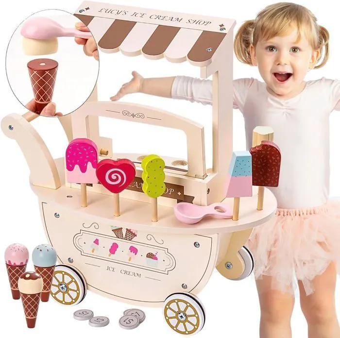 Marchande Enfant en Bois Mamabrum - Marchande Glace sur Roues avec Accessoires, Jouet en bois, Jouet éducatif pour Enfant 3+ans-1