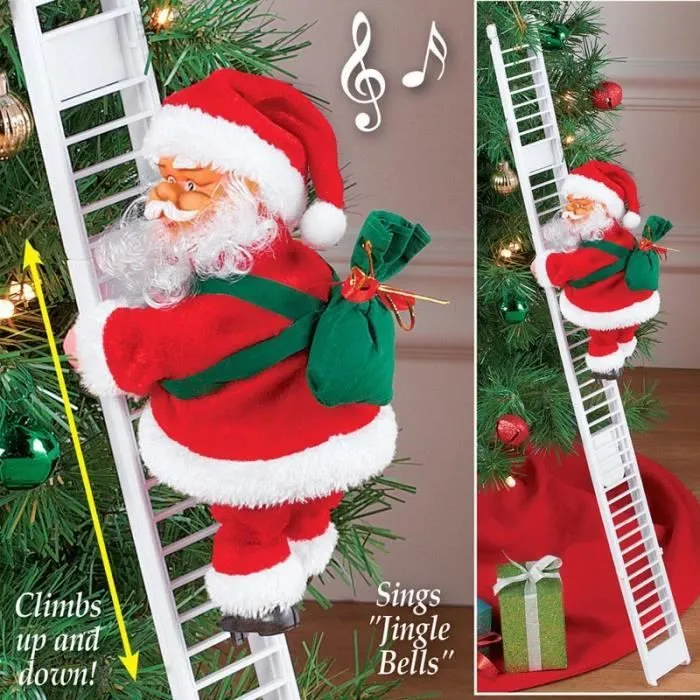 Figurine de Noël - Père Noël - Échelle Électrique - 70 cm - Rouge - Décoration Suspendue-0
