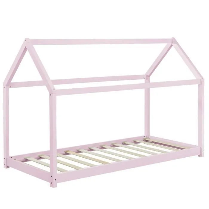 [en.casa] Lit Enfant Design Maison Cadre Structure Lit Bois Blanc Cabane 206 x 98 x 142 cm Rose-3