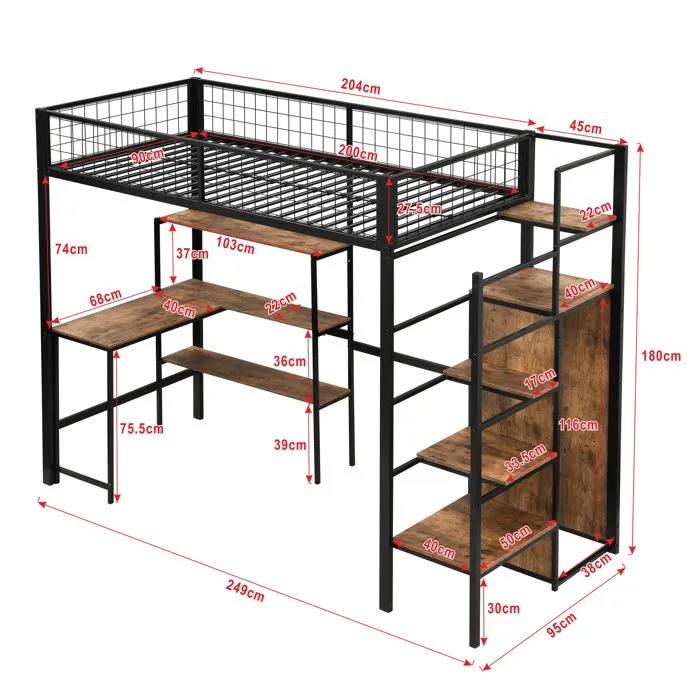 Lit mezzanine - Noir - 90x200cm - Métal - 3 étagères - Armoire intégrée-3