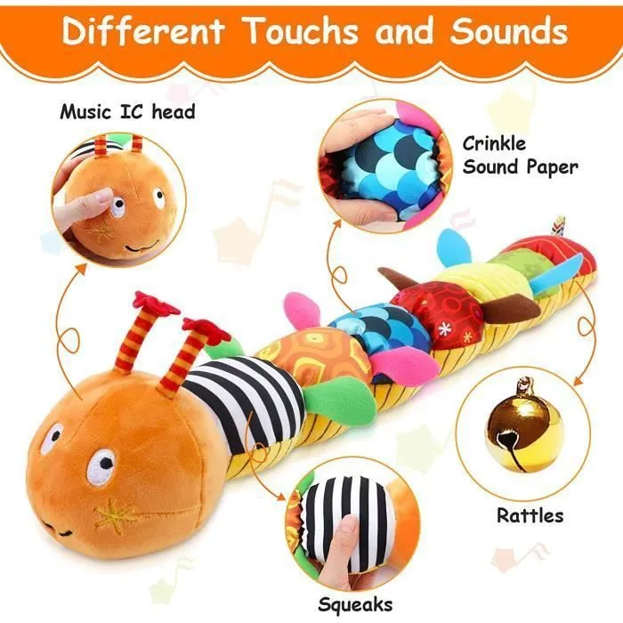 Jouet Musical en Peluche pour bébé,Jouet en Peluche avec Chenille hochet,Cadeau de Noël pour garçon Fille 3-6-12-18 Mois(Orange)-1