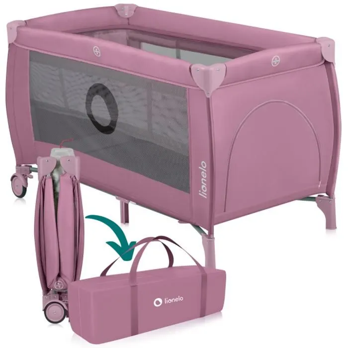 Lit parapluie compact 2en1 LIONELO Stefi Plus - Parc bébé - Matelas en mousse T25 - 0-36 mois - Pliage Rapide - 2x Roulettes - Rose-0
