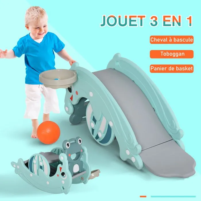 Cheval à Bascule Grenouille 3 en 1 Toboggan Panier Basket HOMCOM - Bleu Turquoise-4