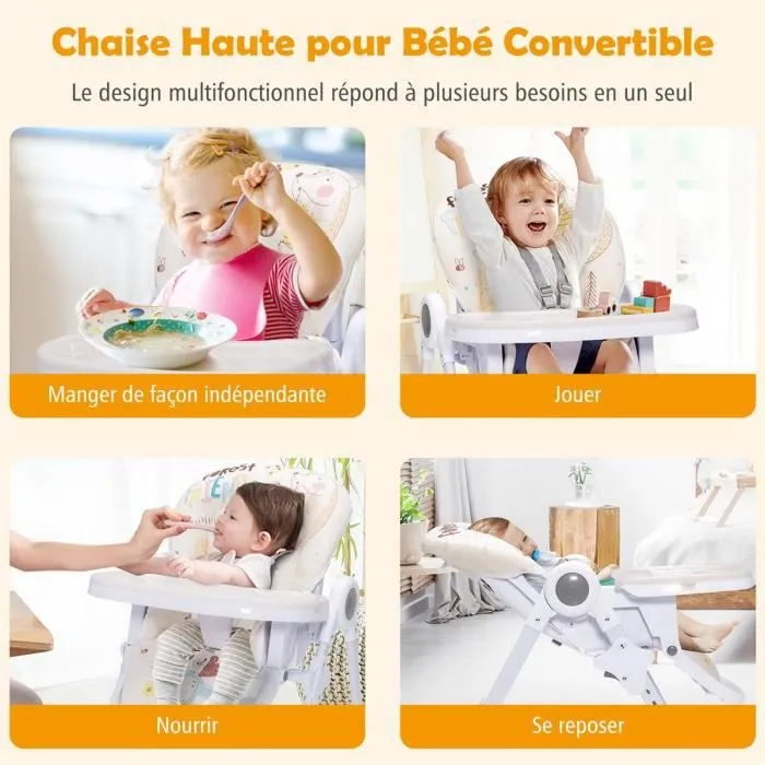 COSTWAY Chaise Haute Bébé Convertible Pliable 3 Angle Inclinable Hauteur Réglable,Dossier,Repose-Pieds,Double Plateau Amovible Beige-1