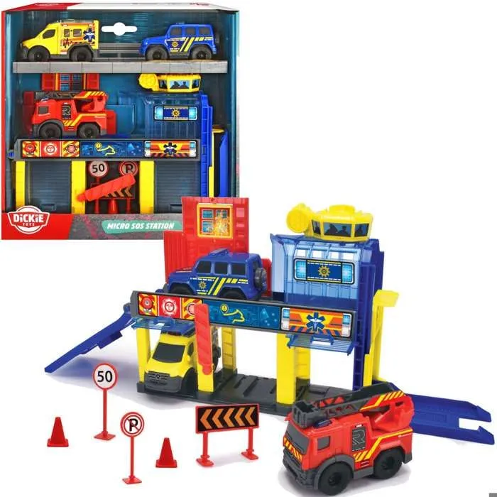 Dickie Mini Rescue Station Set 3 véhicules de secours ambulance pompiers voiture de police + accessoires-0