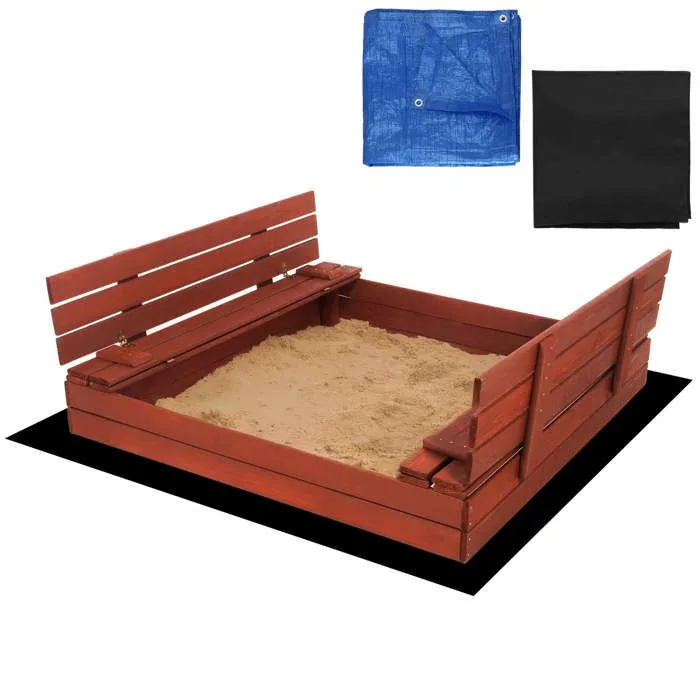 Bac à sable en bois - Springos® - 140 x 140 cm - Avec bancs - Bâche de protection incluse - Imprégnation à l'eau-0