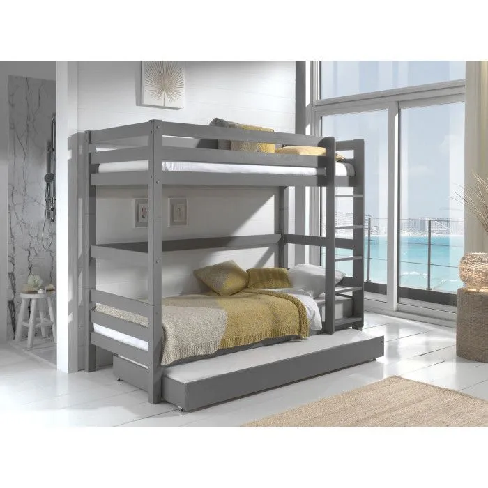 Lit superposé en pin massif gris 209x105x182cm avec lit gigogne - Vipack PINO-4