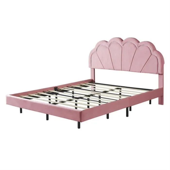 Lit double 140x200cm en velours cadre avec lampes LED pour enfant et adolescents avec sommier à lattes et tête de lit couronne Rose-2