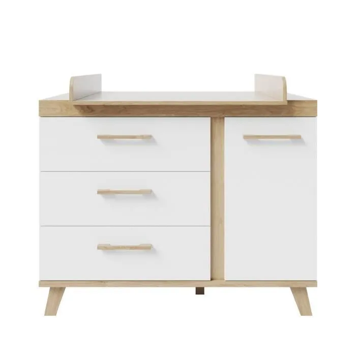 ROBA Commode à Langer Smile - 3 Tiroirs + 1 Porte - Convertible - Poignées et Pieds en Bois Massif - Blanc - Effet Bois-0