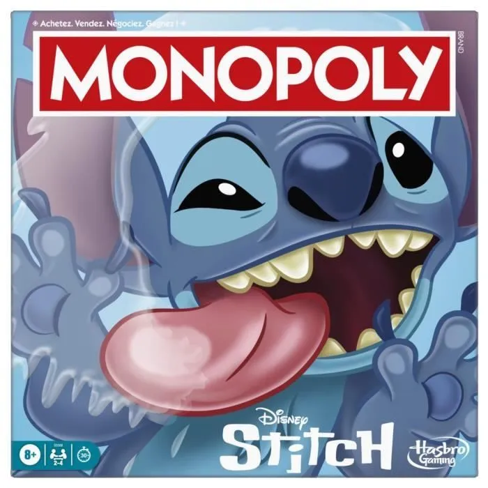 Monopoly Stitch, Jeu de société de plateau, 2 à 4 joueurs, 30 minutes, édition Disney Lilo & Stitch, Dès 8 ans-0