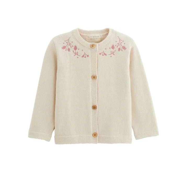 Gilet bébé en tricot - PETIT BEGUIN - Eva - 100% coton - Broderies délicates - Boutons bois-0