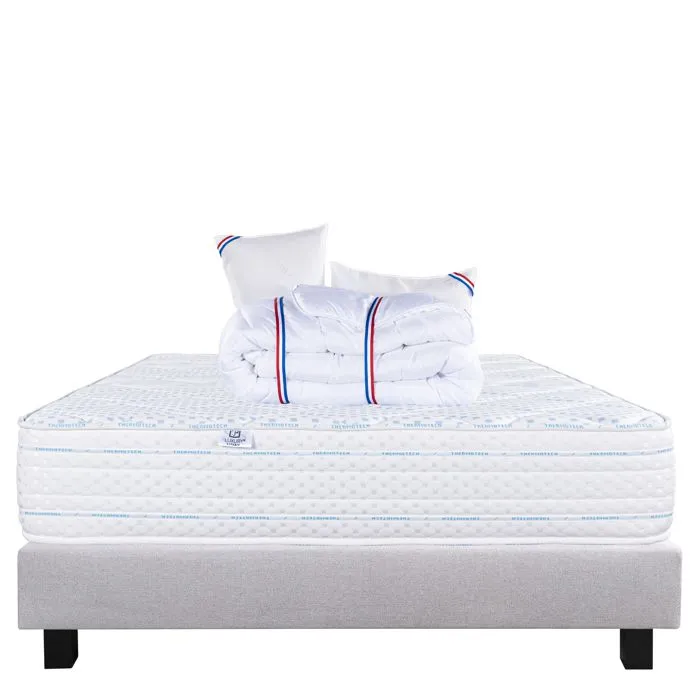 Ensemble Matelas 140x190 cm, Thermotec, 24 cm, ferme, face été/hiver + sommier gris ep20cm + 2 oreillers + couette-0