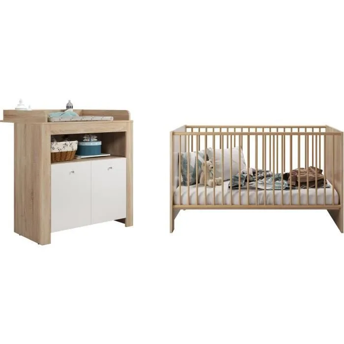Chambre bébé duo PIA - Lit 70x140 cm + Commode à langer 2 portes - Décor chêne sonoma et blanc mat - TRENDTEAM-1