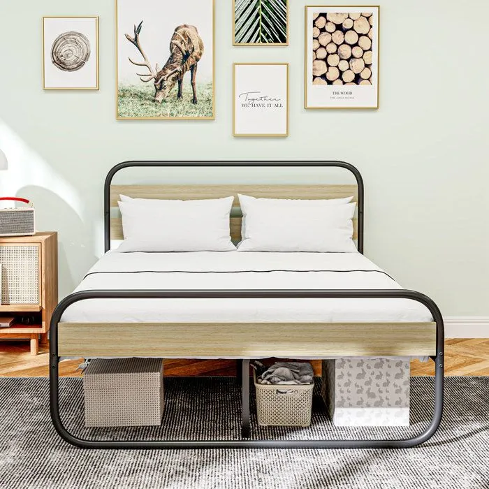 Lit double 140 x 190 cm - HOMCOM - cadre de lit en acier - style industriel - tête de lit et sommier inclus - aspect bois-1