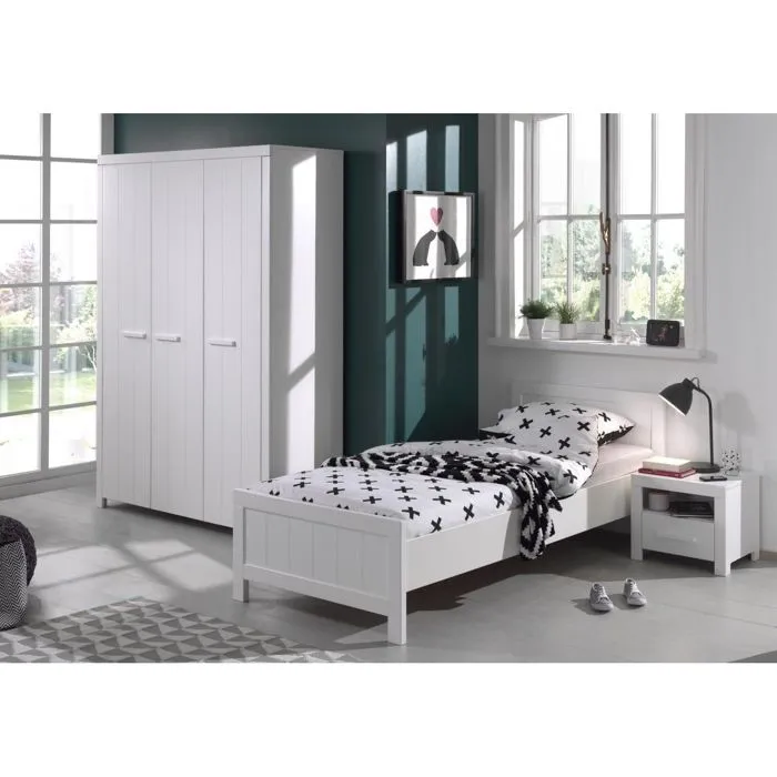Lit simple enfant Vipack ERIK 90x200 cm + chevet en bois + armoire 3 portes blanc-1
