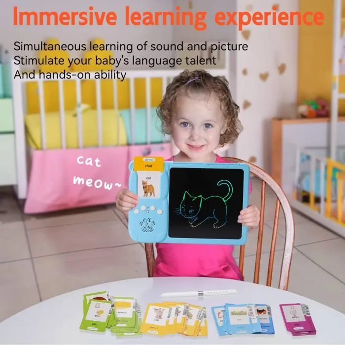 Cartes Flash parlantes - 510 mots Jeux d'apprentissage creatifs pour enfants, tablette d'écriture dessin LCD(bleu)-2