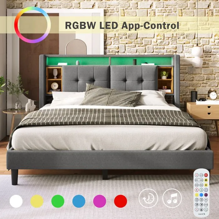 Lit adulte 140x200 cm - Tête de lit avec rangement , LED et ports USB - Sommier inclus - Gris-3