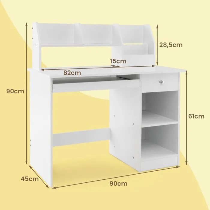COSTWAY Bureau pour Enfant et Adolescent, avec Niche, Plateau pour Clavier, Tiroir, Étagères de Rangement, Hauteur du bureau 61 cm-3
