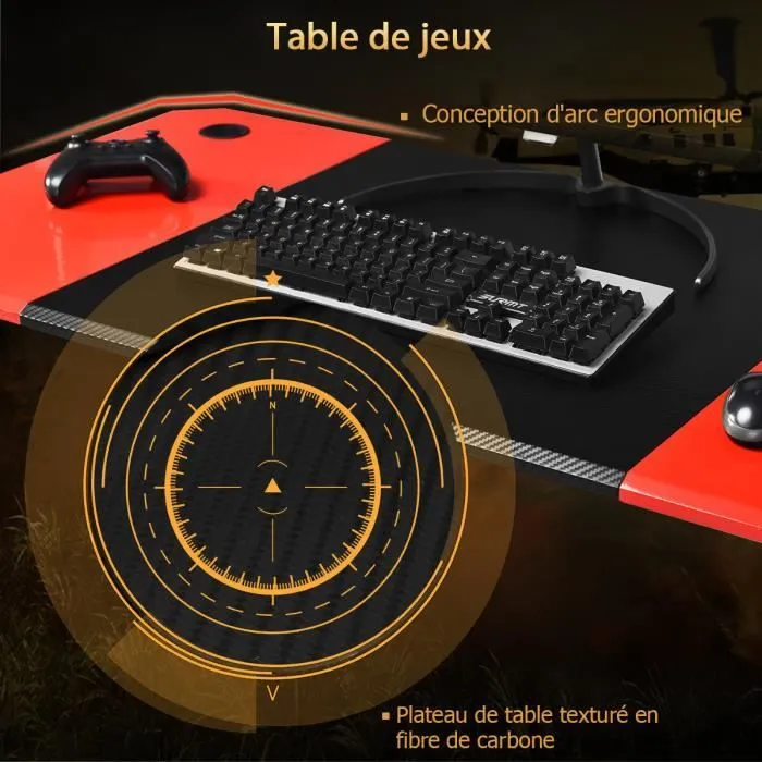 COSTWAY Bureau Gamer Bureau de Jeu 120X60X76CM en Fibre de Carbone avec Porte-gobelet,Crochet pour Ecouteurs et Supports Audio-2