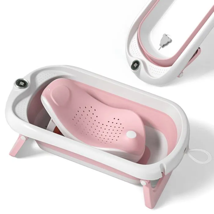 Baignoire bébé pliable - Thermomètre et transat inclus - LEAF - Pink | SUPERBE BEBE-0