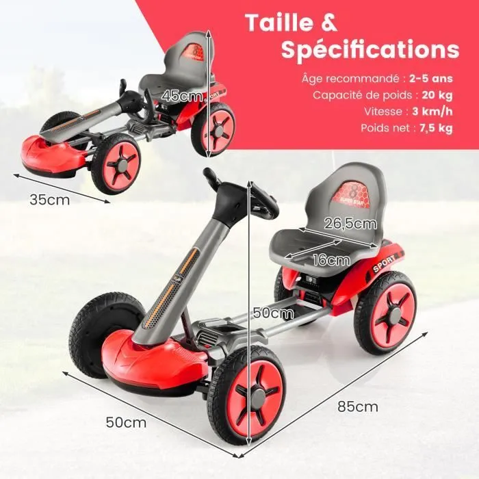 COSTWAY Kart Électrique 12V/4,5 Ah pour Enfants avec Siège & Volant Réglables, Démarrage Lent, LED, Porte-gobelet, 3-6 Ans, Rouge-3