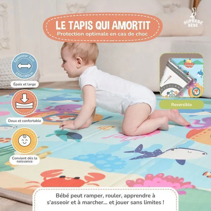 Tapis d'éveil pliable en mousse 180x150x1cm pour bébé et enfants | Tapis de jeu, de motricité épais et réversible | SUPERBE BEBE-1